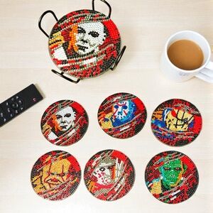 Halloween Scary Character Coaster Set of 6 with Holder Diamond Painted & Sealed
